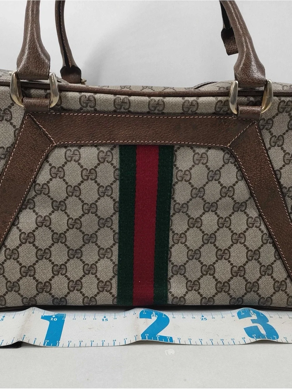 1990’s Duffle Boston 36 Beige-Brown Monogram Canvas Satchel Green-Red Web bag